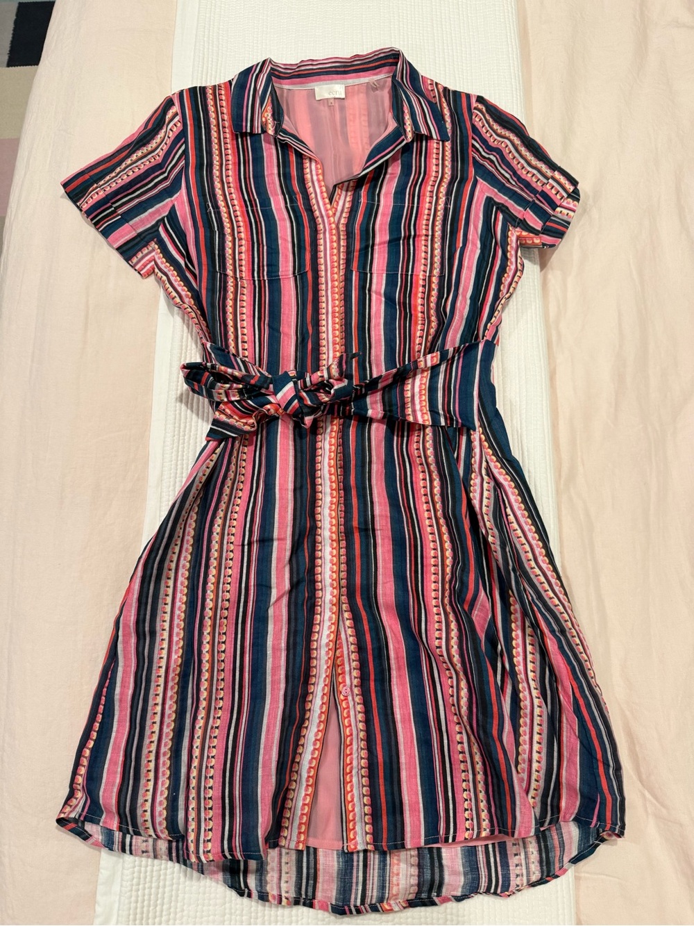 ecru linen Pink and Navy Striped Tie-Waist Midi Shirt Dress